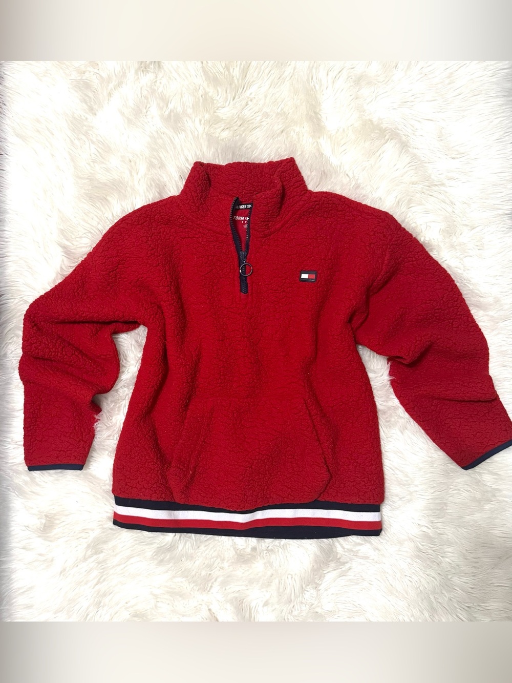 Tommy Hilfiger Red Sherpa Quarter-Zip Sweatshirt with Flag Detail